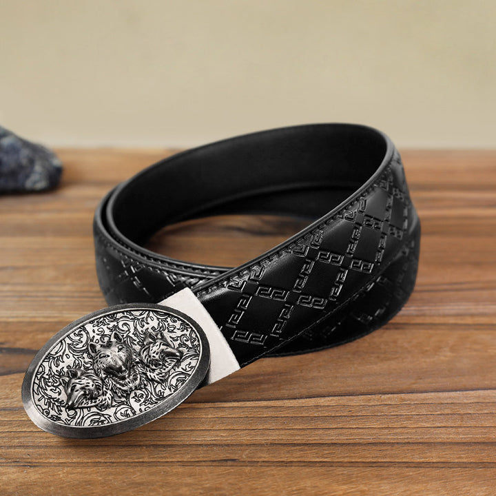 Men's DIY Hungry Wolves Automatic Buckle Leather Belt