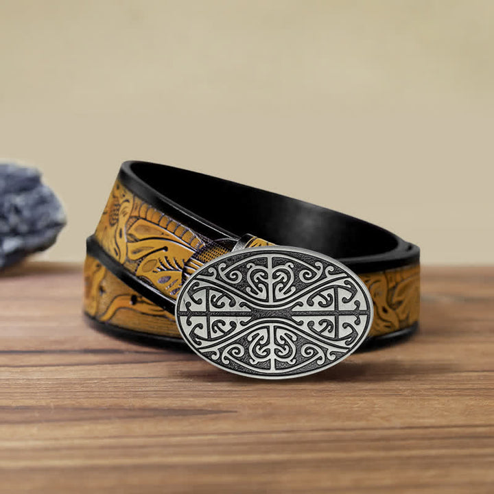 Men's DIY Celtic Cross Pattern Buckle Leather Belt