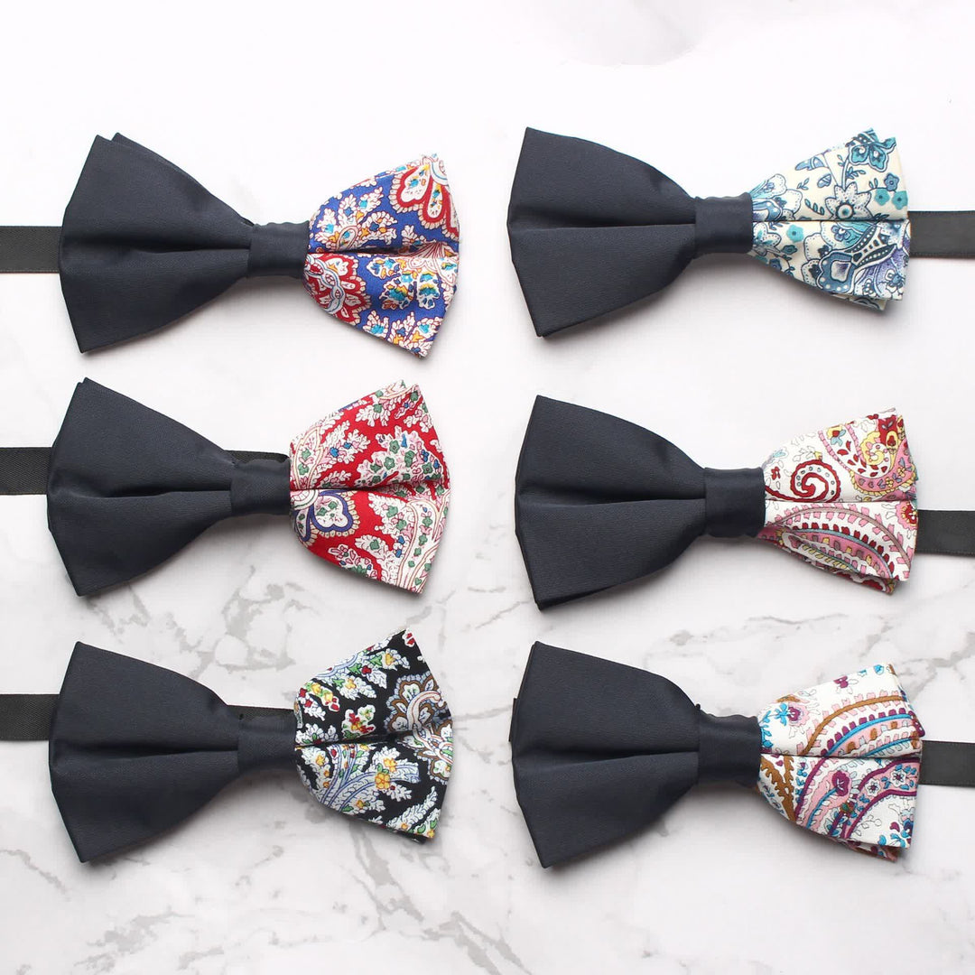 Men's Novel Paisley Printed Splicing Black Bow Tie