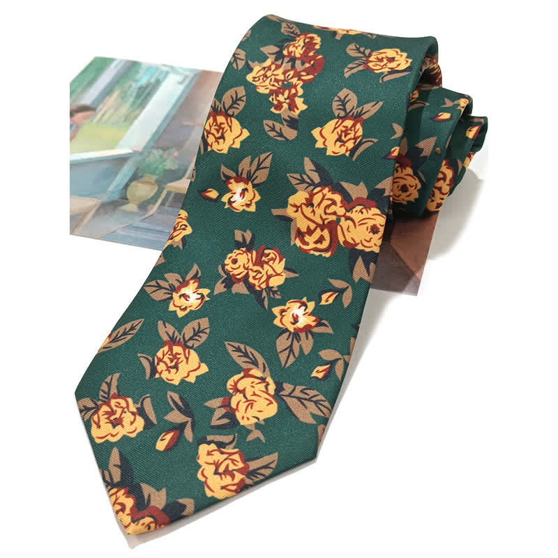 Men's Vintage Dark Green Yellow Flower Print Necktie