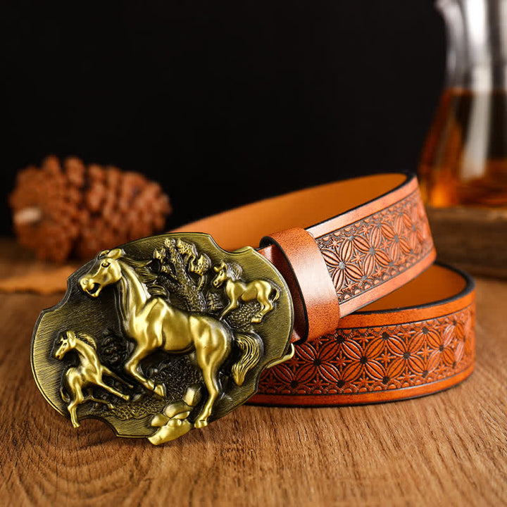Horse & Cow Buckle Floral Print Leather Belt