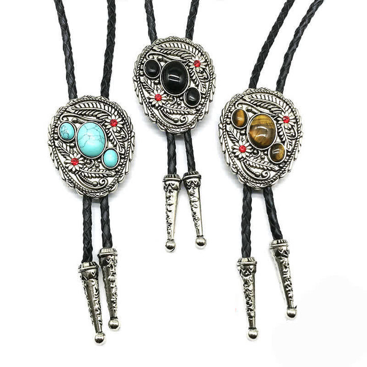 Carved Flower Triple Stone Inlaid Bolo Tie