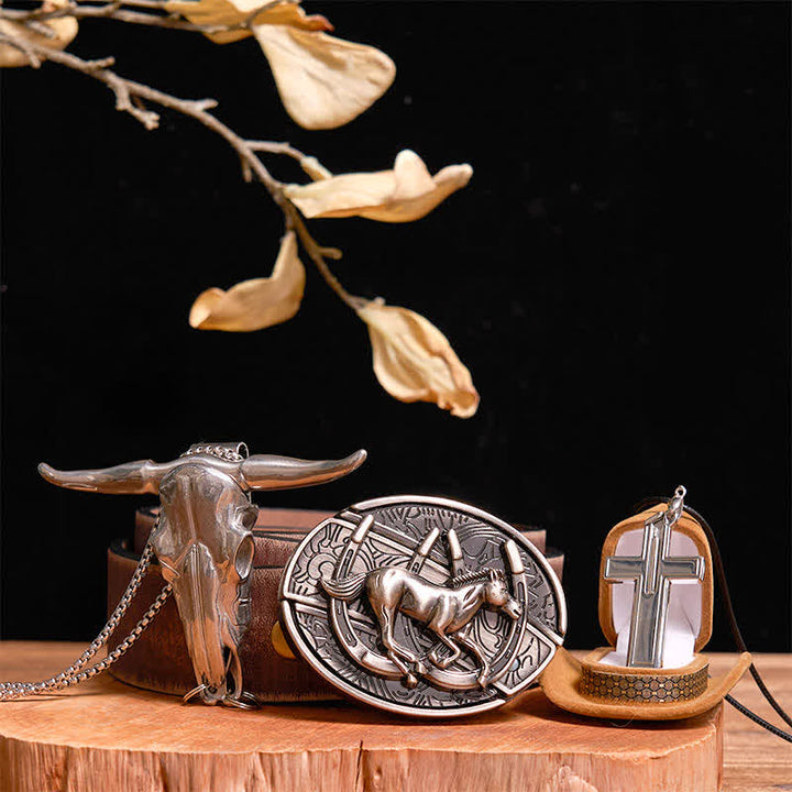 DIY Galloping Horse Hidden Knife Belt Buckle Bull Pendant Cross Necklace Bundle Set