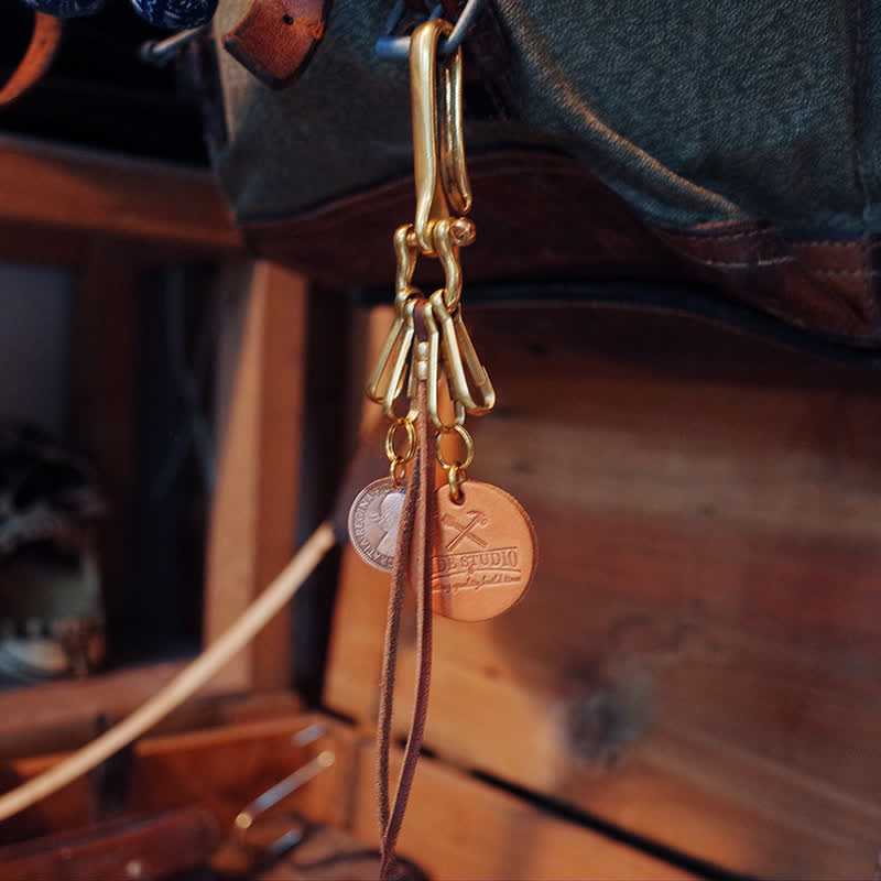 Mechanic Style Antique Brass Coin Belt Clip Leather Keychain