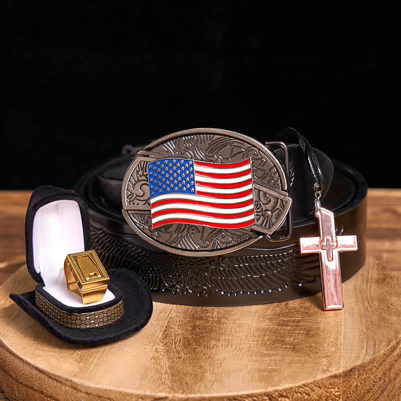 DIY American Flag Hidden Knife Belt Buckle Cross Necklace Blade Ring Bundle Set