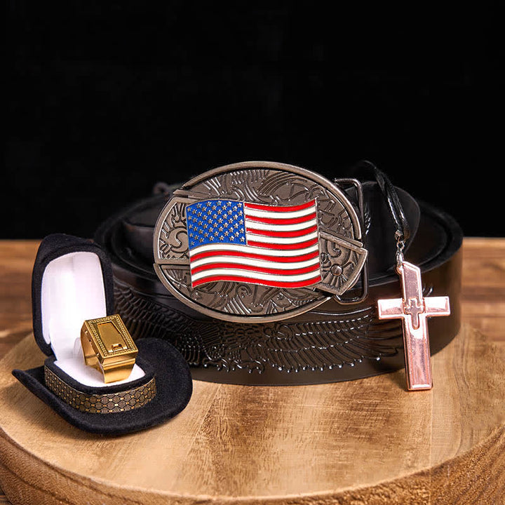 DIY American Flag Hidden Knife Belt Buckle Cross Necklace Blade Ring Bundle Set