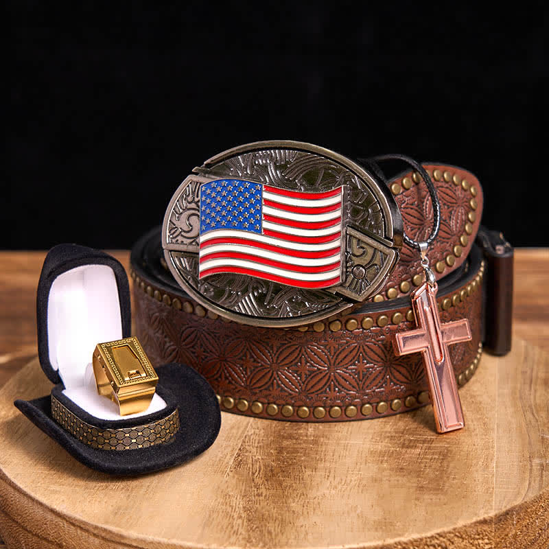 DIY American Flag Hidden Knife Belt Buckle Cross Necklace Blade Ring Bundle Set