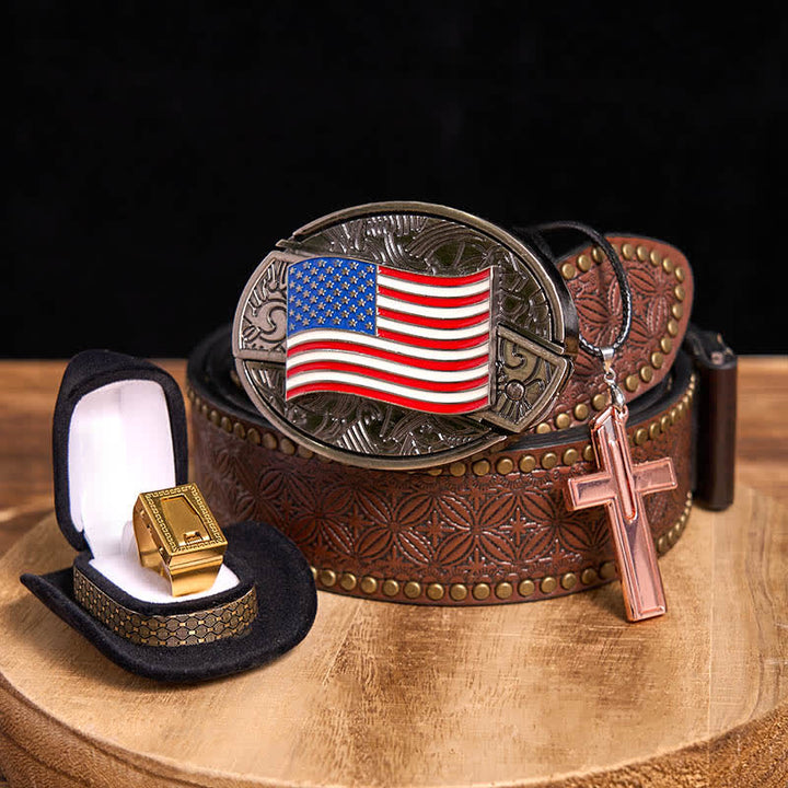 DIY American Flag Hidden Knife Belt Buckle Cross Necklace Blade Ring Bundle Set