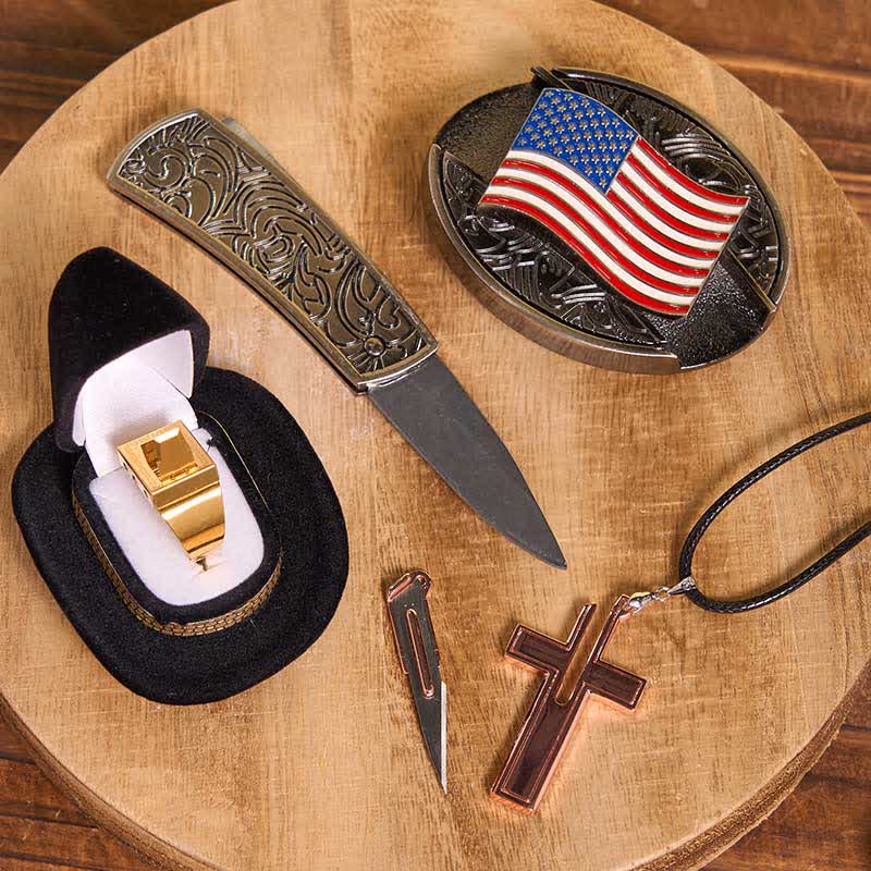 DIY American Flag Hidden Knife Belt Buckle Cross Necklace Blade Ring Bundle Set