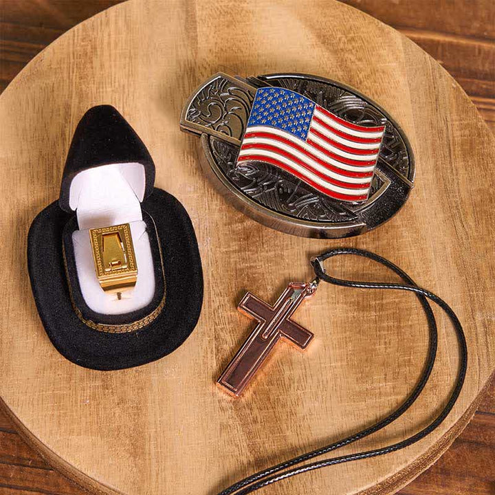 DIY American Flag Hidden Knife Belt Buckle Cross Necklace Blade Ring Bundle Set