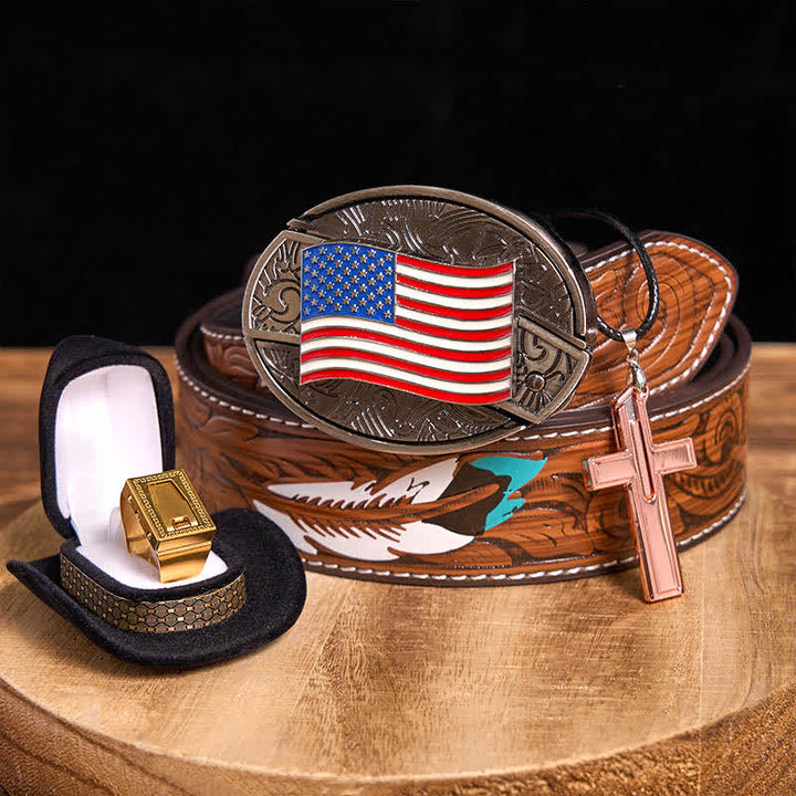 DIY American Flag Hidden Knife Belt Buckle Cross Necklace Blade Ring Bundle Set