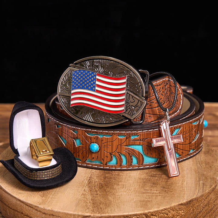 DIY American Flag Hidden Knife Belt Buckle Cross Necklace Blade Ring Bundle Set