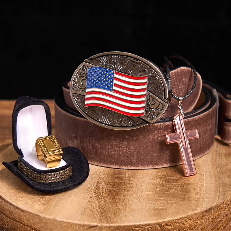 DIY American Flag Hidden Knife Belt Buckle Cross Necklace Blade Ring Bundle Set