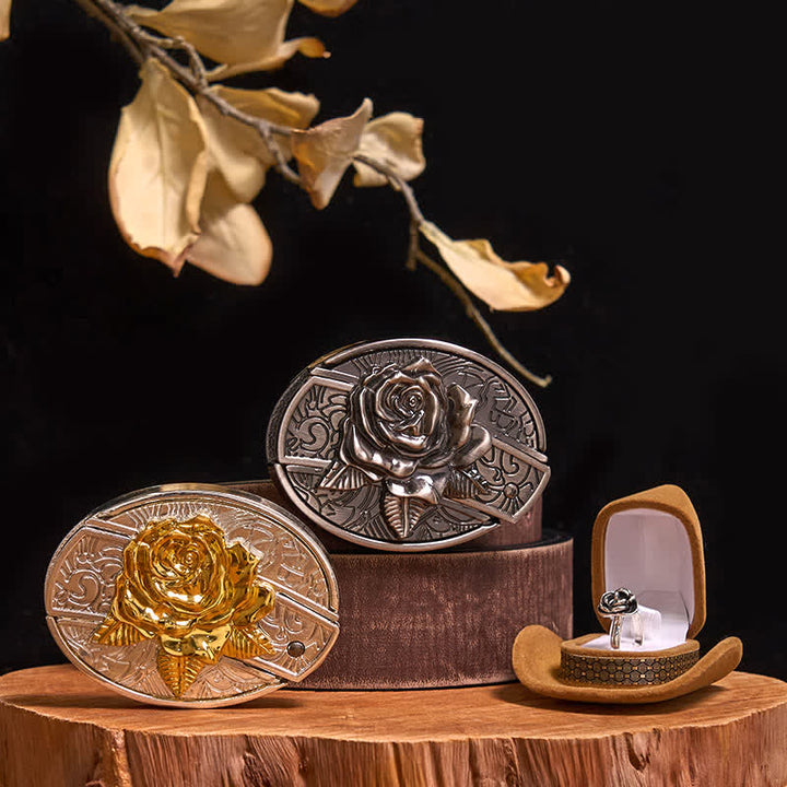 Rose DIY Hidden Knife Belt Buckle Rose With Thorns Ring Bundle Set