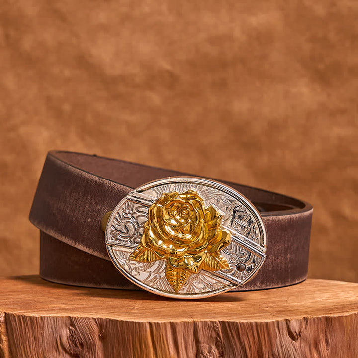 Men's DIY Gold & Silver Rose Hidden Folding Knife Leather Belt - Rose - Brown Distressed Belt - 42 - image 7