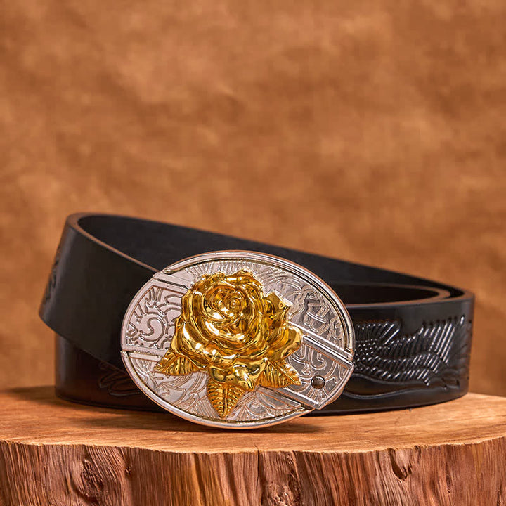 Men's DIY Gold & Silver Rose Hidden Folding Knife Leather Belt - Rose - Black Embossed Eagle Belt - 42 - image 4