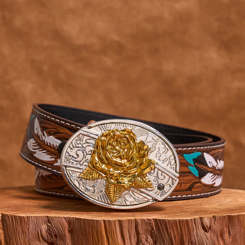 Men's DIY Gold & Silver Rose Hidden Folding Knife Leather Belt - Rose - Brown Feather Belt - 40 - image 9