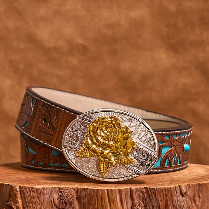 Men's DIY Gold & Silver Rose Hidden Folding Knife Leather Belt - Rose - Turquoise Carved Belt - 42 - image 5