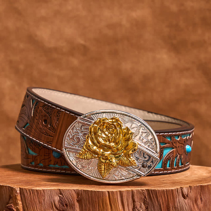 Men's DIY Gold & Silver Rose Hidden Folding Knife Leather Belt - Rose - Turquoise Carved Belt - 42 - image 5