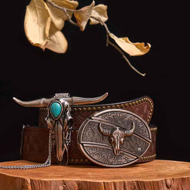 Practical DIY Hidden Knife Buckle Turquoise Longhorn Bull Pendant Bundle Set