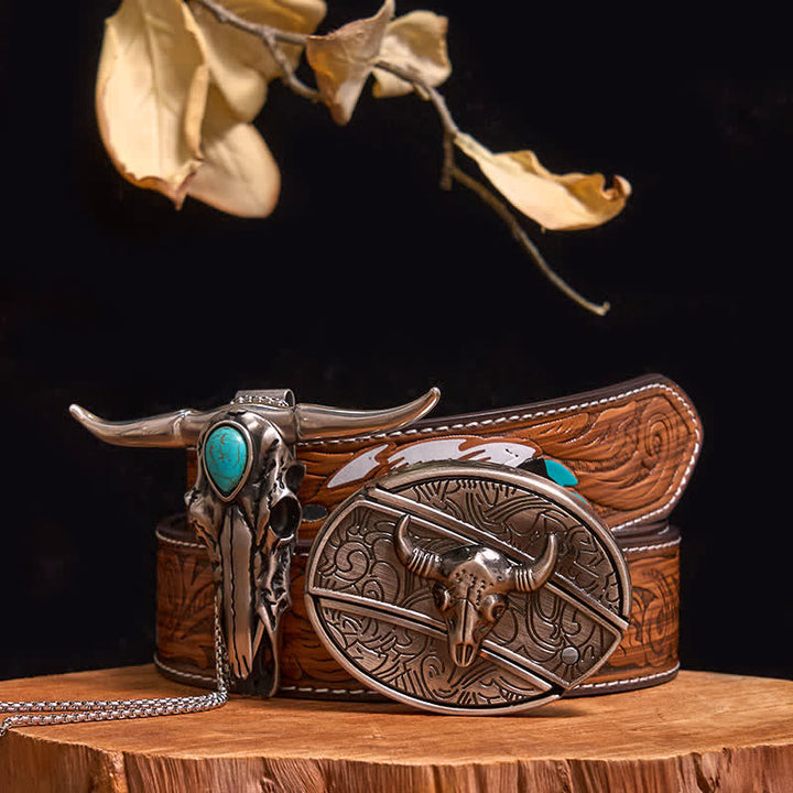 Practical DIY Hidden Knife Buckle Turquoise Longhorn Bull Pendant Bundle Set