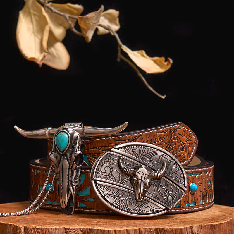 Practical DIY Hidden Knife Buckle Turquoise Longhorn Bull Pendant Bundle Set