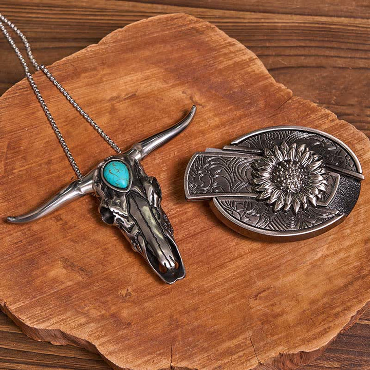 Practical DIY Hidden Knife Buckle Turquoise Longhorn Bull Pendant Bundle Set
