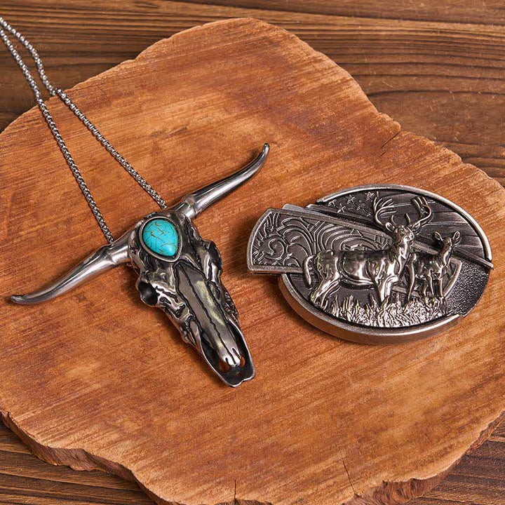 Practical DIY Hidden Knife Buckle Turquoise Longhorn Bull Pendant Bundle Set