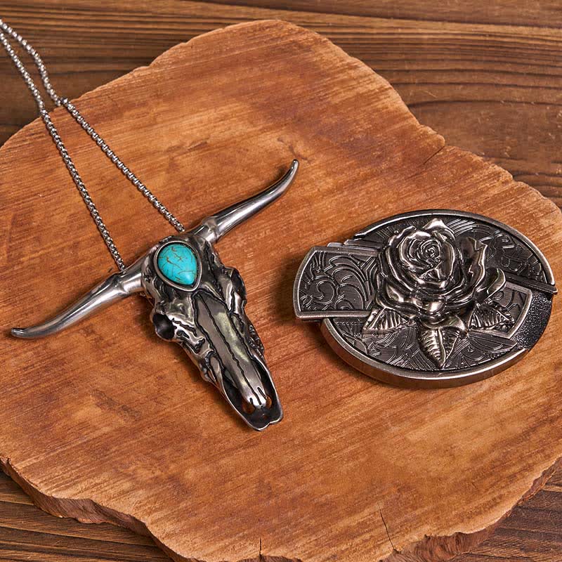 Practical DIY Hidden Knife Buckle Turquoise Longhorn Bull Pendant Bundle Set