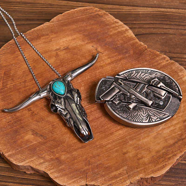 Practical DIY Hidden Knife Buckle Turquoise Longhorn Bull Pendant Bundle Set