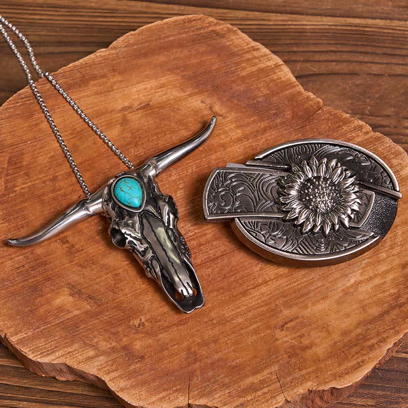 Sunflower Theme DIY Hidden Knife Belt Buckle Turquoise Bull Pendant Bundle Set