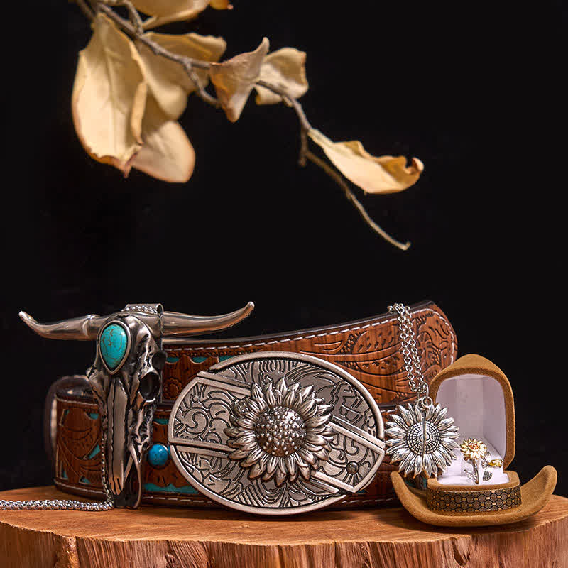 Sunflower Theme DIY Hidden Knife Belt Buckle Turquoise Bull Pendant Bundle Set