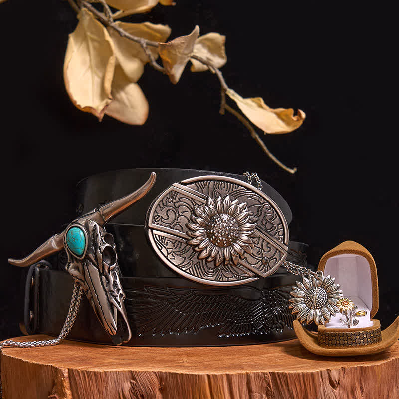 Sunflower Theme DIY Hidden Knife Belt Buckle Turquoise Bull Pendant Bundle Set