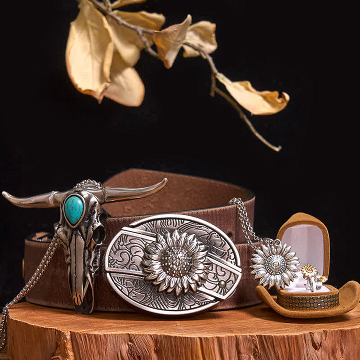 Sunflower Theme DIY Hidden Knife Belt Buckle Turquoise Bull Pendant Bundle Set