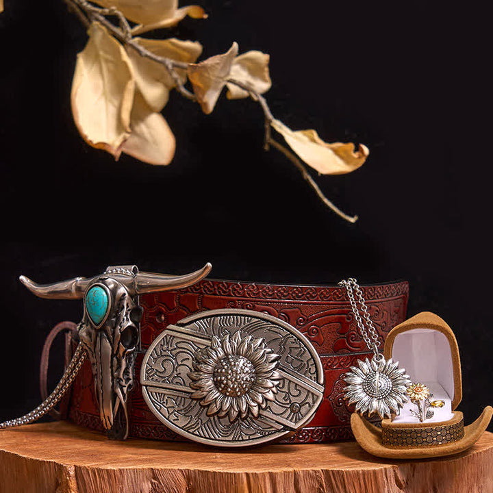 Sunflower Theme DIY Hidden Knife Belt Buckle Turquoise Bull Pendant Bundle Set
