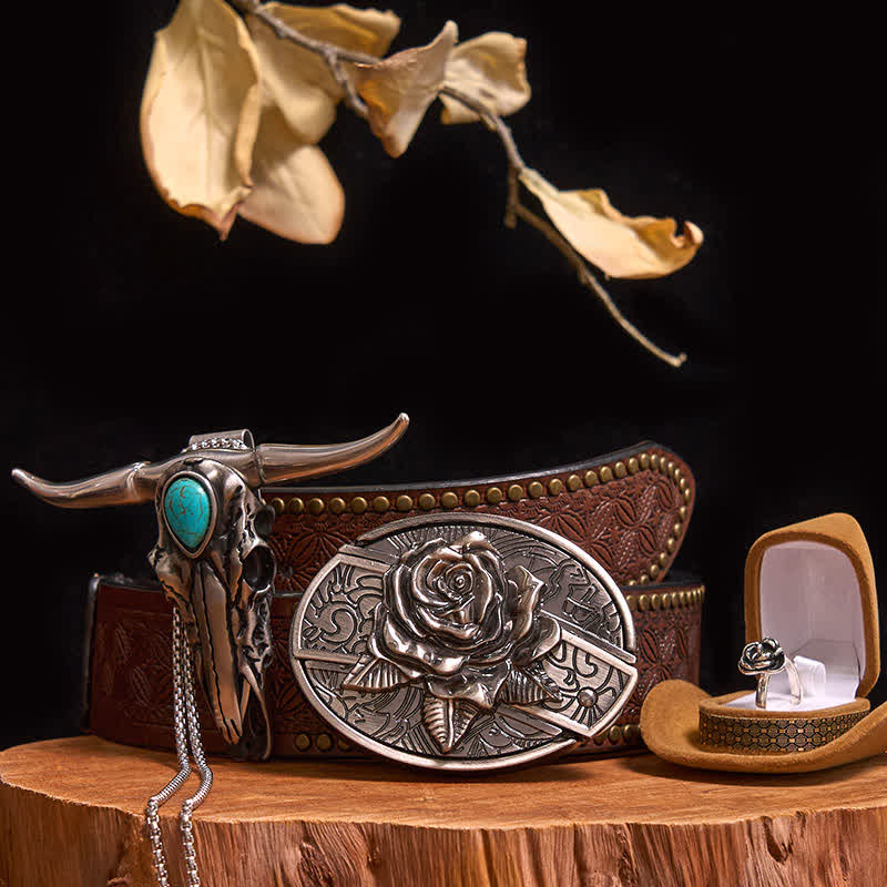 Rose Theme DIY Hidden Knife Belt Buckle Turquoise Bull Pendant Bundle Set
