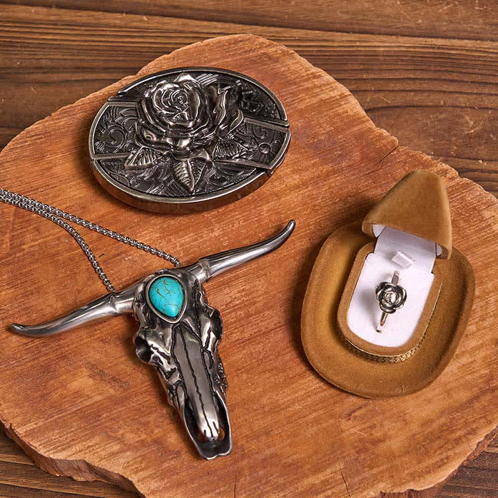 Rose Theme DIY Hidden Knife Belt Buckle Turquoise Bull Pendant Bundle Set