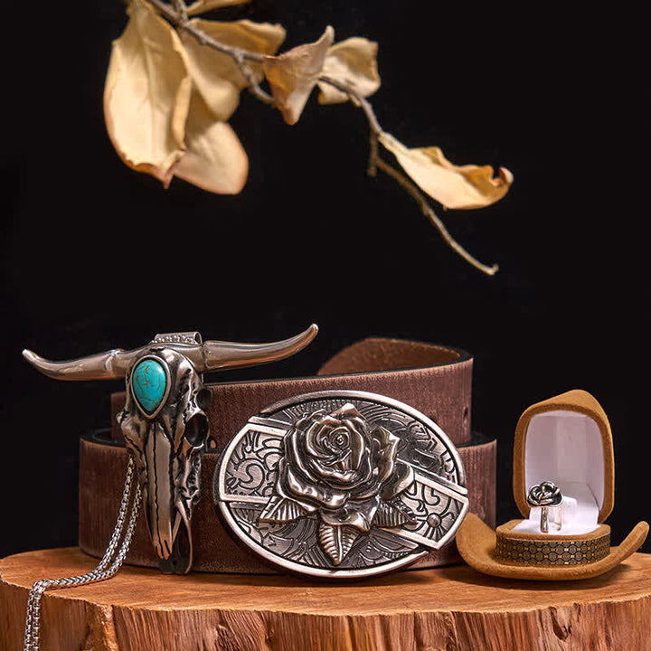 Rose Theme DIY Hidden Knife Belt Buckle Turquoise Bull Pendant Bundle Set