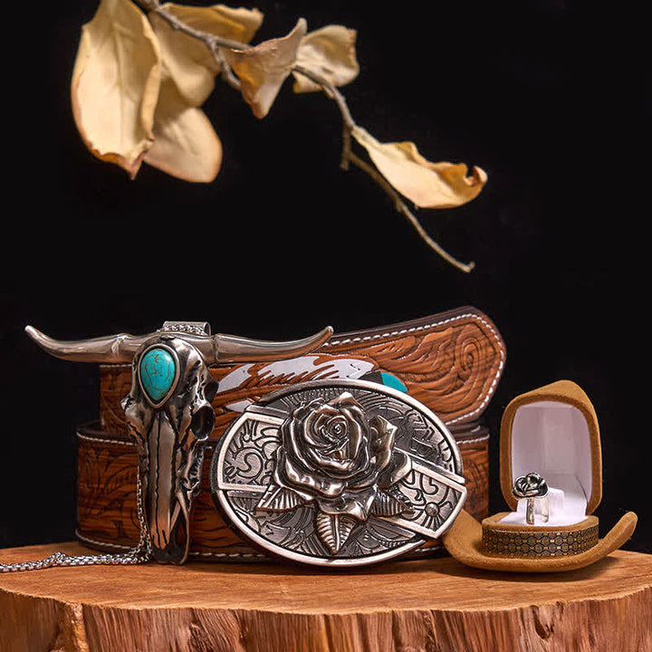 Rose Theme DIY Hidden Knife Belt Buckle Turquoise Bull Pendant Bundle Set