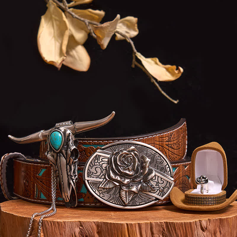 Rose Theme DIY Hidden Knife Belt Buckle Turquoise Bull Pendant Bundle Set
