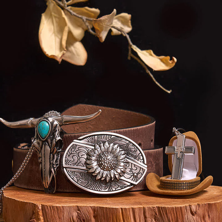 DIY Hidden Knife Belt Buckle Turquoise Bull Pendant Cross Necklace Bundle Set