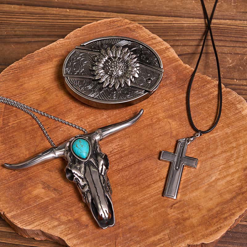 DIY Hidden Knife Belt Buckle Turquoise Bull Pendant Cross Necklace Bundle Set