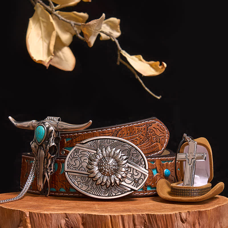 DIY Hidden Knife Belt Buckle Turquoise Bull Pendant Cross Necklace Bundle Set