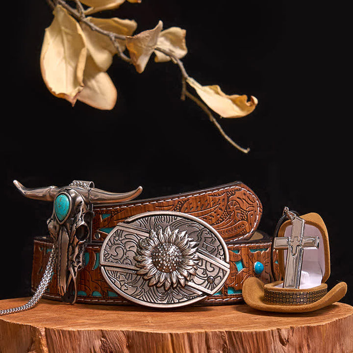 DIY Hidden Knife Belt Buckle Turquoise Bull Pendant Cross Necklace Bundle Set