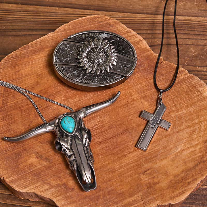 DIY Hidden Knife Belt Buckle Turquoise Bull Pendant Cross Necklace Bundle Set