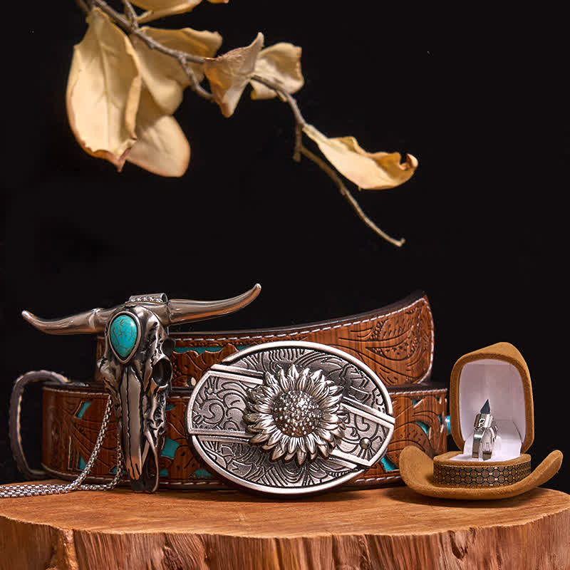 DIY Hidden Knife Belt Buckle Turquoise Bull Pendant Knife Ring Bundle Set