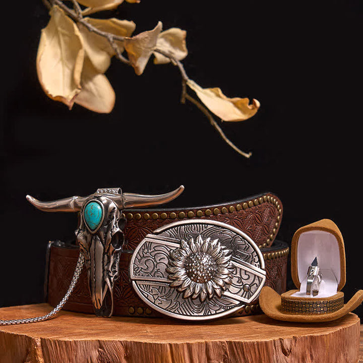 DIY Hidden Knife Belt Buckle Turquoise Bull Pendant Knife Ring Bundle Set