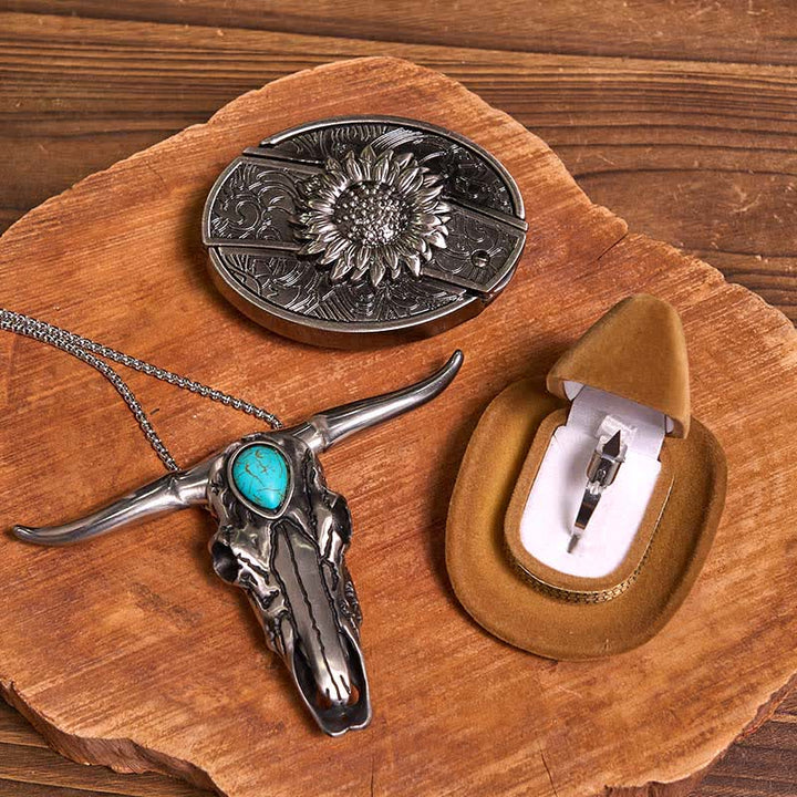 DIY Hidden Knife Belt Buckle Turquoise Bull Pendant Knife Ring Bundle Set