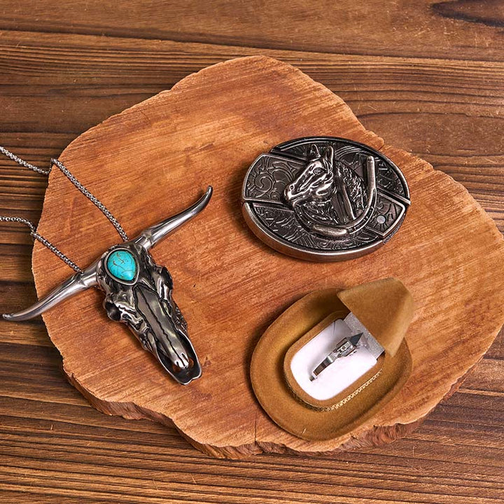 DIY Hidden Knife Belt Buckle Turquoise Bull Pendant Knife Ring Bundle Set