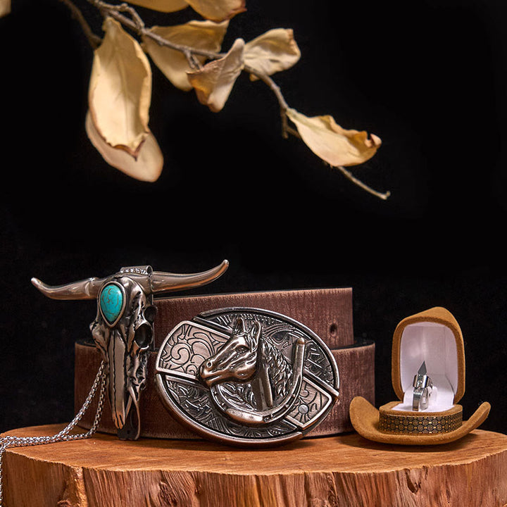 DIY Hidden Knife Belt Buckle Turquoise Bull Pendant Knife Ring Bundle Set